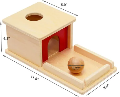 Vista 6 de Montessori, caja de permanencia de objetos con charola y pelota.