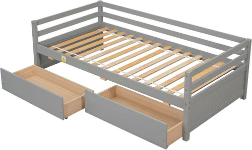 Vista 7 de Marco de sofá cama de madera de tamaño individual con 2 cajones de almacenamiento, sofá cama multifuncional con soporte de listones de madera