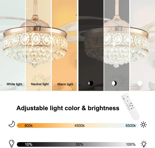 Vista 3 de Ventiladores de techo de cristal de 42 pulgadas con luces, moderno ventilador de techo LED regulable con control remoto de hoja retráctil, 6