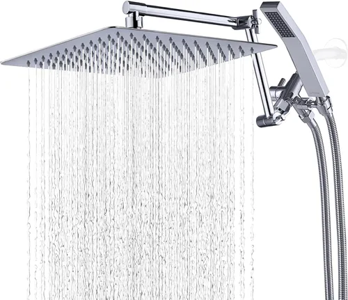 Vista 15 de G-Promise Cabezal de ducha de metal de 10 pulgadas con combo de rociador de mano, desviador de 3 ajustes, brazo de extensión ajustable con juntas
