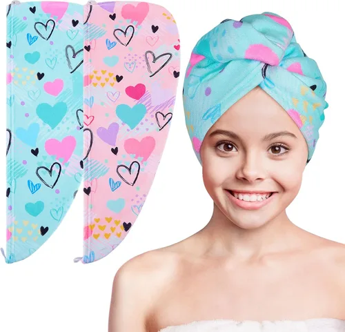 Basumee Toalla Envolvente de Microfibra para el Cabello para Niños Paquete de 2 Toallas de Cabello de Secado Rápido con Botón Turbantes para Cabello