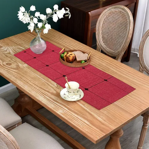 Vista 8 de Camino de mesa de tela bordada, rústico, a cuadros, camino de mesa rectangular a cuadros para comedor, tocador, café, fiesta, decoración de mesa