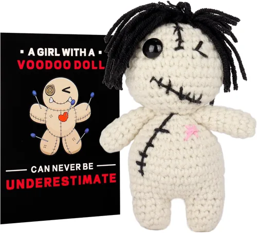 Vista 8 de Muñeca de vudú positiva graciosa hecha a mano de ganchillo rellena de peluche con tarjeta de afirmación de positividad para decoración de Halloween