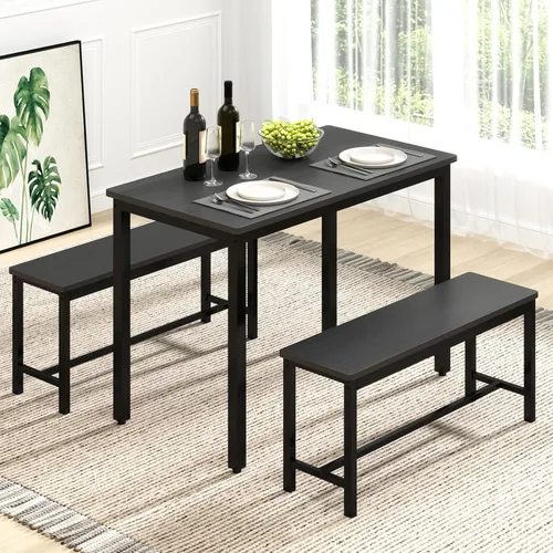 Vista 9 de Rovibek Juego de mesa de comedor para 4 personas con 2 bancos, juego de mesa de cocina que ahorra espacio para cocina y comedor, gris