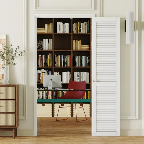 Vista 39 de Puerta Plegable de 180 Grados, para Aberturas de Puerta de Despensa de 24″x 80″, Puerta Plegable Blanca 1-Lite con Vidrio Esmerilado con Conjunto