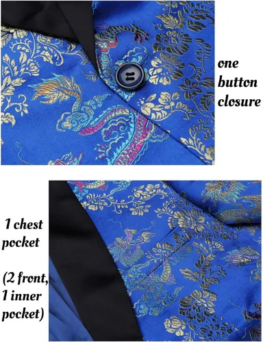 Vista 7 de COOFANDY Chaqueta de esmoquin floral para hombre, de lujo, bordada, elegante, para boda, fiesta, cena