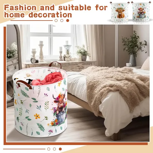 Vista 6 de Barydat 2 cestas de lavandería de vaca de las tierras altas de 17.3 x 16.5 pulgadas, impermeable, cesta de almacenamiento de ropa, juguetes