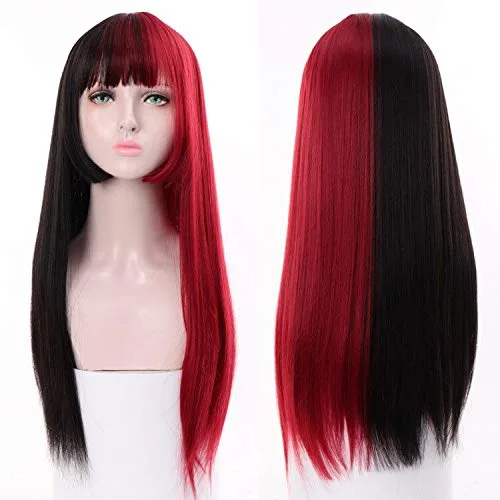 Vista 2 de Kaneles Peluca de cosplay mitad negra y mitad roja, larga, lisa, sintética, resistente al calor, peluca de flequillo para mujer, peluca de cabello