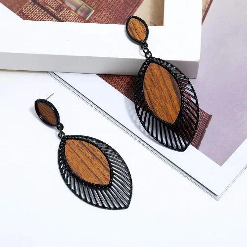 Vista 5 de 4 pares de pendientes geométricos de madera de madera con forma de lágrima de círculo redondo y pendientes de madera étnico natural de madera