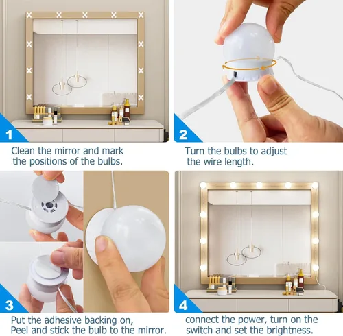 Vista 8 de Luces LED de tocador, temperatura de color ajustable y brillo, 14 bombillas regulables para iluminación de espejo de vestidor