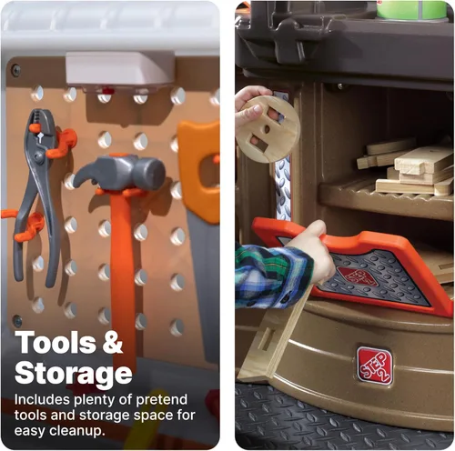 Vista 4 de Step2 Big Builders Pro Workshop para niños, banco de herramientas para interiores y exteriores, juego interactivo con sonidos, incluye kit