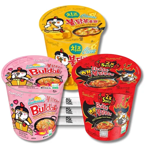 Buldak Ramen Fideos de 3 sabores de fideos variados – 2 unidades picantes, carbonara, queso – Total 3 unidades (1 paquete cada uno) – Fideos ramen