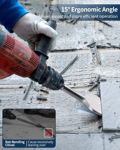 Vista 4 de Firecore SDS Plus Cincel de 3 pulgadas de ancho por 6.5 pulgadas de largo, Cincel Curvado Acodado para Remoción de Azulejos, Broca de Cincel