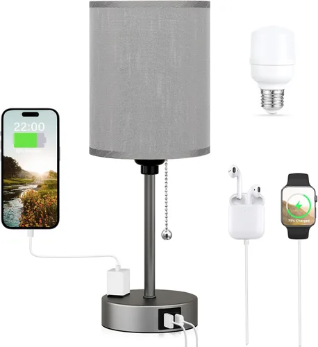 Vista 29 de Lámpara de dormitorio rosa para mesita de noche, lámpara de escritorio de 3 temperaturas de color con puertos USB C y A, lámpara de mesa de cadena