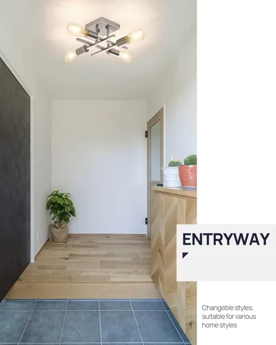 Vista 7 de Lámpara de techo industrial de 4 luces, semiempotrada, moderna lámpara de araña de níquel cepillado, lámpara de techo Sputnik con base de bombilla