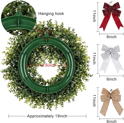 Vista 3 de Pansu - Corona de boj de 19 pulgadas, 3 lazos diferentes, corona artificial de primavera, verano, otoño o invierno, coronas resistentes a