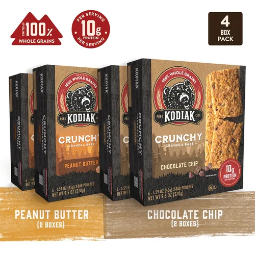 Vista 4 de Kodiak Cakes Paquete variado de barras de granola crujiente, mantequilla de maní (2 cajas) y chispas de chocolate (2 cajas) de barra de granola