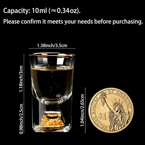 Vista 2 de Paquete de 6 vasos de chupito de 0.3 fl oz (0.33 onzas), juego de vasos de chupito de cristal decorado con copos de oro de 24 quilates, vasos