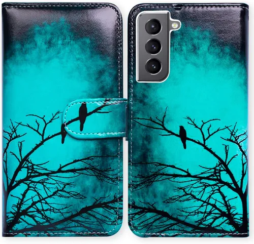Bcov Funda para Galaxy S22, diseño de pájaro negro y verde con tapa para teléfono con ranura para tarjeta y soporte para Samsung Galaxy S22 5G