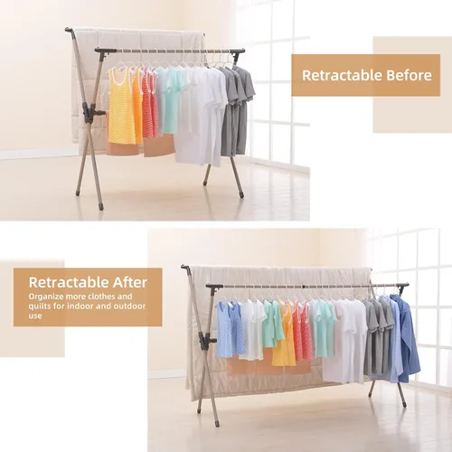 Vista 2 de Perchero de secado de ropa, ajustable y plegable, perchero de ahorro de espacio, perchero retráctil de 47 a 79 pulgadas, perchero resistente