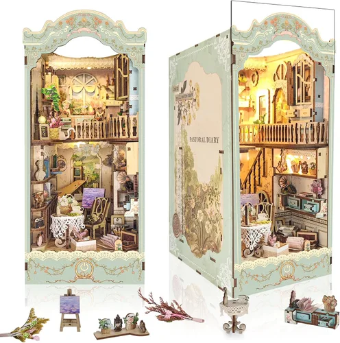 Kit de bricolaje para rincón de libros, inserto de estantería para casa de muñecas, rompecabezas de madera 3D con cubierta antipolvo LED, kit en