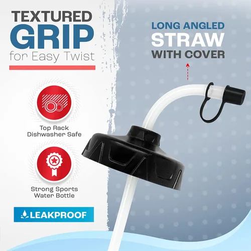 Vista 4 de Botella de agua de 1 litro con pajita Botella de agua de hockey con popote largo Botellas fáciles de apretar + agarre integrado Botella