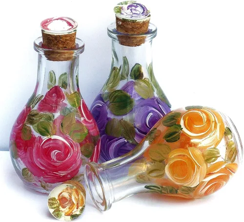 Decorative Set of 3 Glass Perfume Bottles with Tight Fitting Cork Stopper Cap Hand Painted Multicolor Roses Romantic Shabby Chic Vanity Decor
