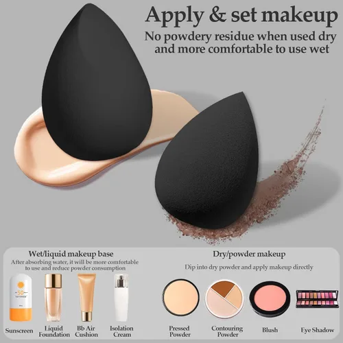 Vista 2 de Juego de 14 esponjas de maquillaje, mezclador de esponjas de belleza con 4 borlas de polvo y 4 mini esponjas de maquillaje para líquido, base, Negro