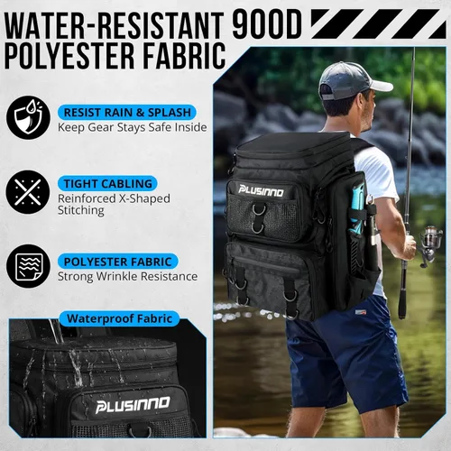 Vista 2 de PLUSINNO - Mochila de pesca con portacañas y caja de aparejos, 42L Bolsa grande resistente al agua para equipo de pesca