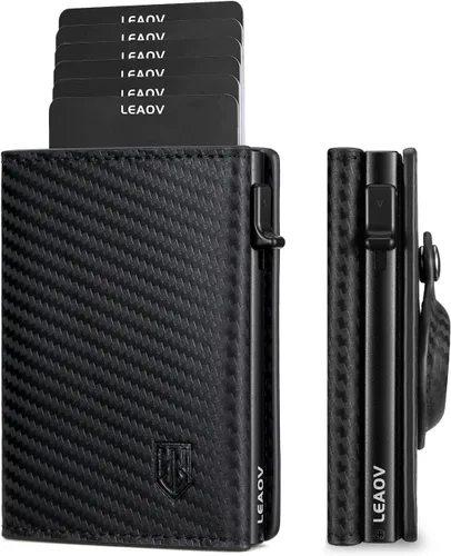 Leaov AirTag Wallet RFID Blocking Pop Up Wallet Credit Card Holder for Apple AirTag,Genuine Leather Simple AirTag Wallet(AirTag not included) Carbon