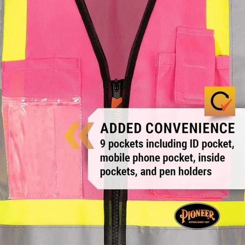 Vista 6 de Pioneer Chaleco de seguridad para mujer con bolsillos - Clase 1 de alta visibilidad, cinta reflectante - Para construcción - Rosa