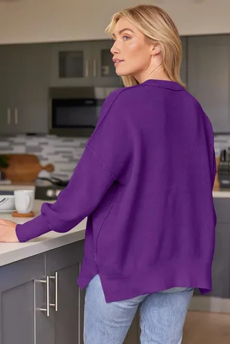 Vista 2 de LILLUSORY Suéter de manga larga con cuello redondo para mujer, 2023, de gran tamaño, de punto acanalado, con abertura lateral