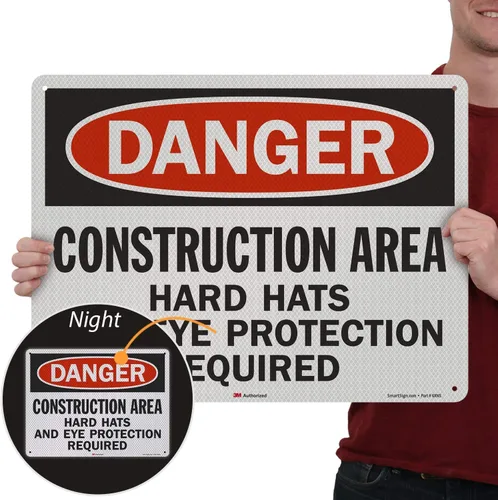 Vista 6 de Lyle señal de seguridad, Legend "peligro: duro sombreros y protección ocular requiere", negro y rojo sobre blanco, 12" x 18", 1