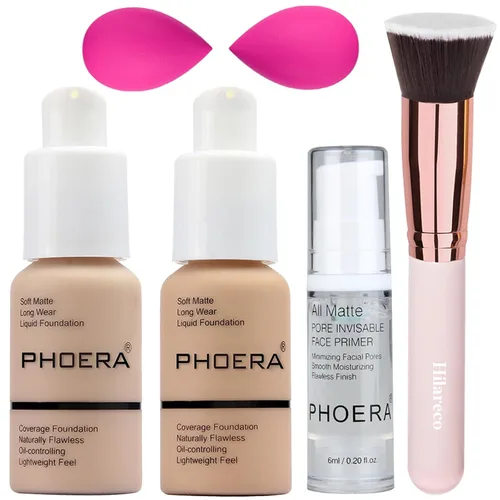 Vista 18 de PHOERA - Base de maquillaje mate de cobertura completa, brochas de maquillaje Kabuki (101 porcelana + 102 desnudos)