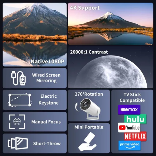 Vista 2 de Mini proyector portátil compatible con 4K, proyector pequeño Full HD 1080P con soporte giratorio de 270°, proyector de película compatible con TV