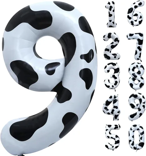 Vista 8 de Globo con estampado de vaca, decoración de fiesta de vaquera espacial de discoteca Globo número 5 para cumpleaños de 5.º cumpleaños, suministros
