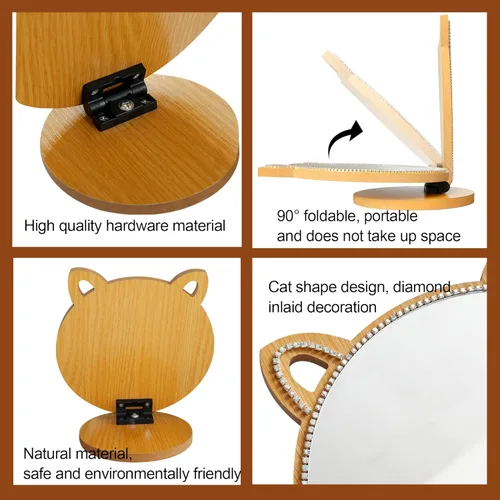 Vista 6 de Espejo de maquillaje con diamantes de imitación de cristal para niñas/espejo de mesa con forma de gato para encimera en dormitorio/baño