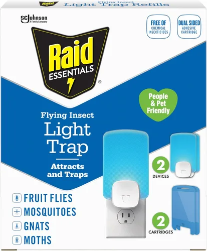 Raid Essentials - Kit de iniciación de trampa de luz para insectos voladores, 2 dispositivos enchufables + 2 cartuchos, con atracción alimentada por