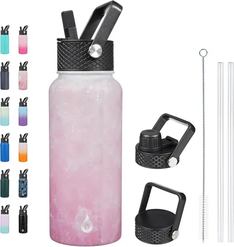 Vista 111 de BJPKPK - Botellas de agua aisladas con tapa de popote, botellas de agua de acero inoxidable de 40 onzas con 3 tapas, termo a prueba de fugas sin