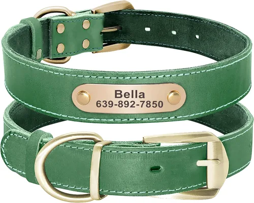 Vista 11 de Didog Collares de perro de cuero genuino con placa de identificación grabada, collar de perro de cuero suave personalizado con etiqueta de Verde