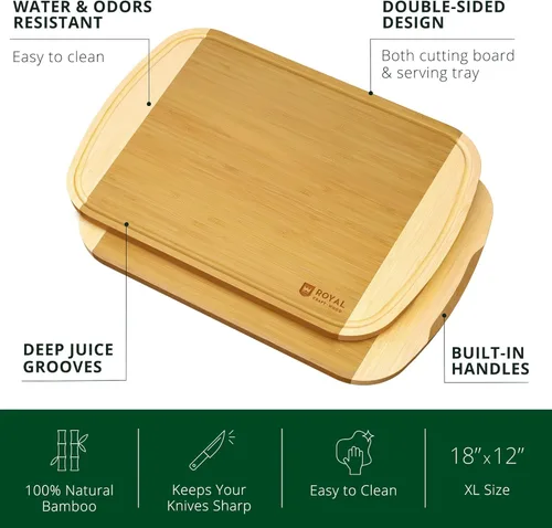 Vista 2 de ROYAL CRAFT WOOD Tablas de cortar de madera para preparar comidas y servir en la cocina, juego de tablas de servir de madera de bambú con asas Bitono