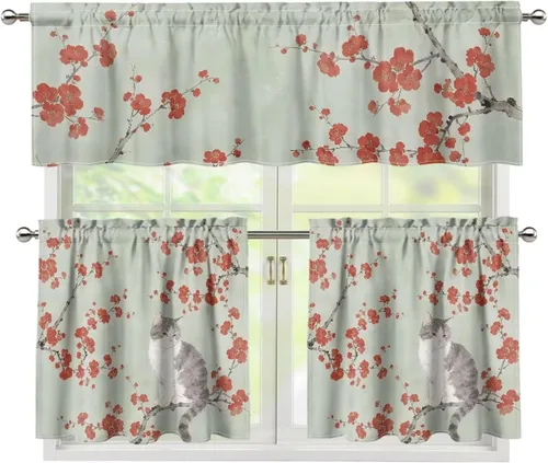 Upgrad - Juego de cortinas de cocina con diseño de flor de cerezo para ventanas, 3 piezas, cortinas y cenefas para gatos, cortinas pequeñas