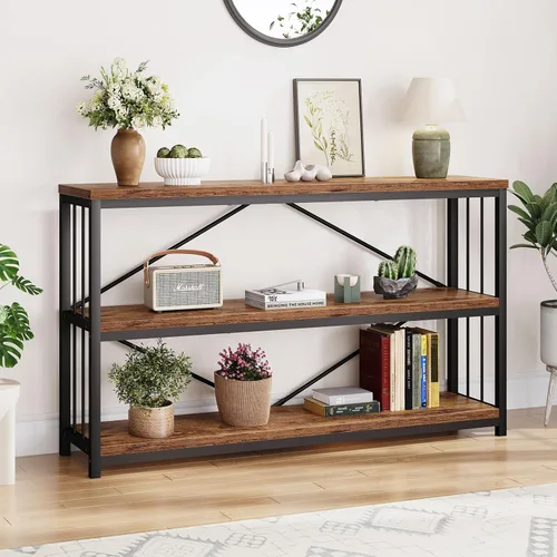 Vista 12 de LVB Mesa consola industrial, mesa de sofá de metal y madera, mesa de entrada rústica con almacenamiento, moderno estante de 3 niveles mesa larga