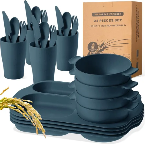 Vista 8 de Tanlade Juego de 24 cubiertos de paja de trigo, platos divididos, platos irrompibles, aptos para microondas, lavavajillas, cubiertos, cuchara, verde