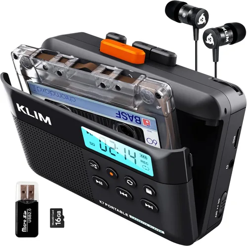 KLIM Reproductor de cinta de casete K7 - Convertidor de casete a MP3 - Portátil - Micrófono y altavoz integrados - Batería recargable - Auriculares