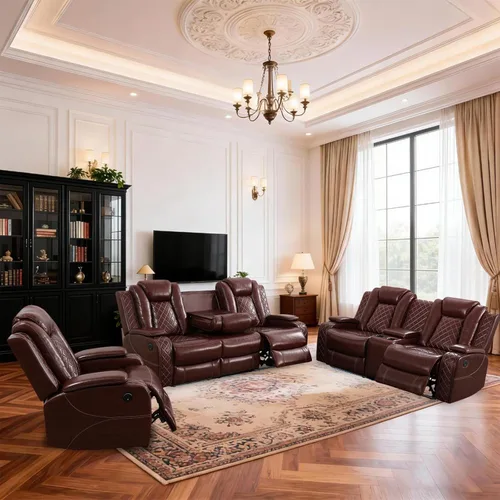 Vista 10 de Juego de sofá reclinable eléctrico para sala de estar con iluminación LED, carga USB, portavasos y mesa central, sofá modular de cuero transpirable