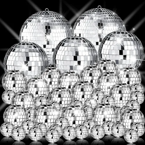 Sumind 50 bolas de discoteca decorativas plateadas con espejo para colgar, decoración reflectante surtida, para bodas, bailes, festivales de música