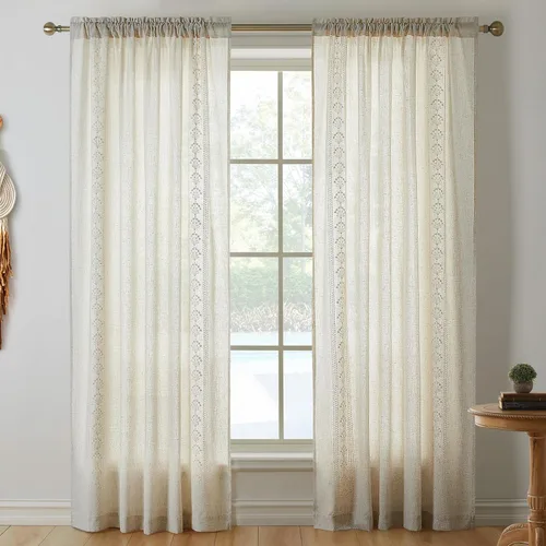Vista 2 de Cortinas modernas de lino de 84 pulgadas de largo, 2 paneles de cortinas semitransparentes bordadas para sala de estar, cortinas filtrantes de luz