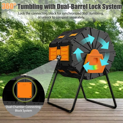 Vista 3 de Contenedor de compostaje de doble cámara de 45 galones, contenedor de compostaje giratorio de 360 grados para exteriores, sin BPA, de trabajo