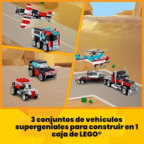 Vista 3 de LEGO Creator 31146 - Camión de cama plana 3 en 1 con juguete de helicóptero, se transforma de camión de cama plana a avión de hélice a autos Hot Rod